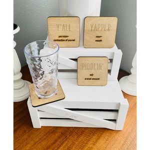 Set of 4 Handmade Wood Southern Farmhouse Inspired Word Coaster Set (SW2)